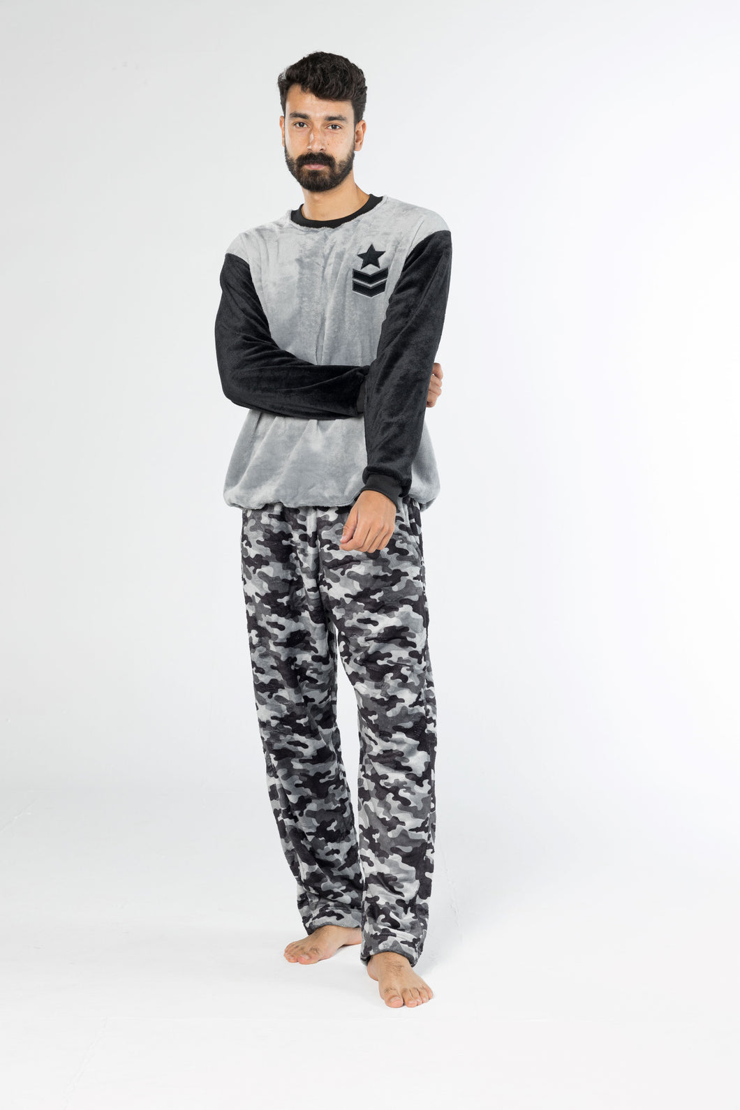 Mens' Grey Star Camouflage Fleece Pyjamas (Sizes S-XXL)