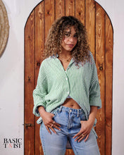 Load image into Gallery viewer, Women&#39;s Striped Linen Shirt-Green &amp; White
