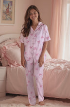 Load and play video in Gallery viewer, Women&#39;s SATIN  Pyjamas-Pink Bows (Size:S.M.L.XL)
