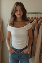 Load image into Gallery viewer, Basic Top-Off Shoulder Neck-White (Size: 10.12.14.S.M.L)
